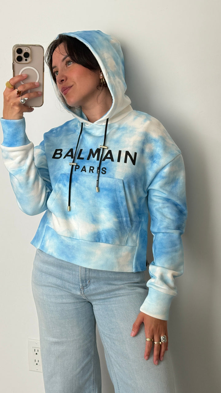 Balmain Blue & White Cotton Tie-dye Cropped Hoodie Size XS