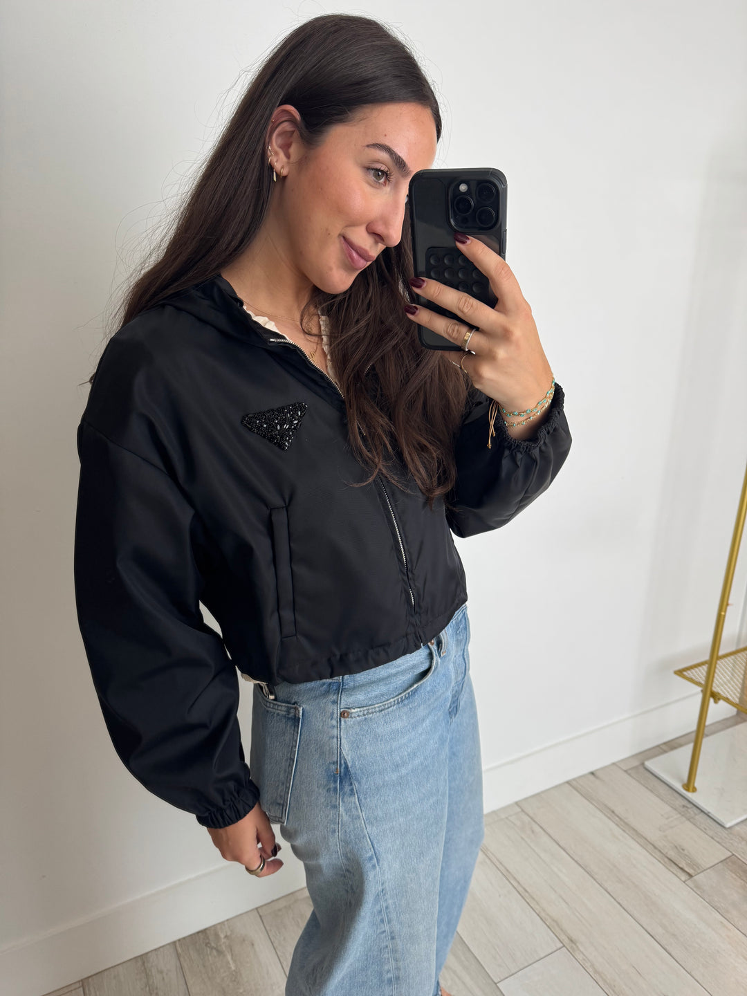 Prada Black Cropped Nylon Jacket with Crystal Logo Size 42