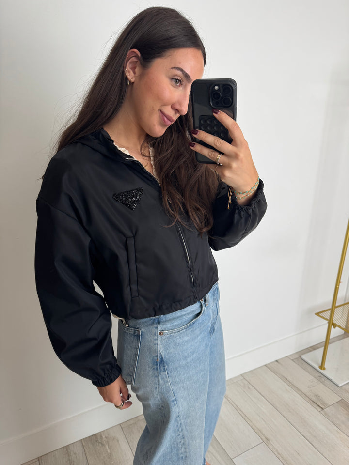 Prada Black Cropped Nylon Jacket with Crystal Logo Size 42