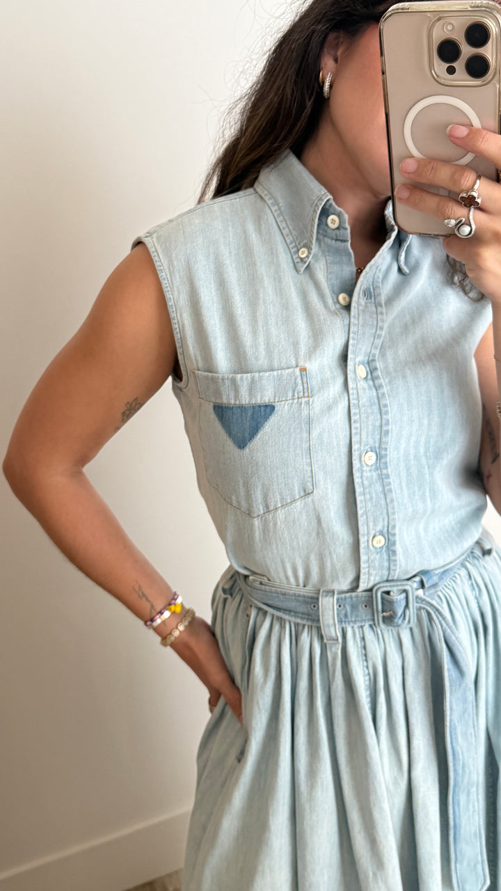 Prada Cotton Denim Effect Top and Midi Skirt Set Size 36