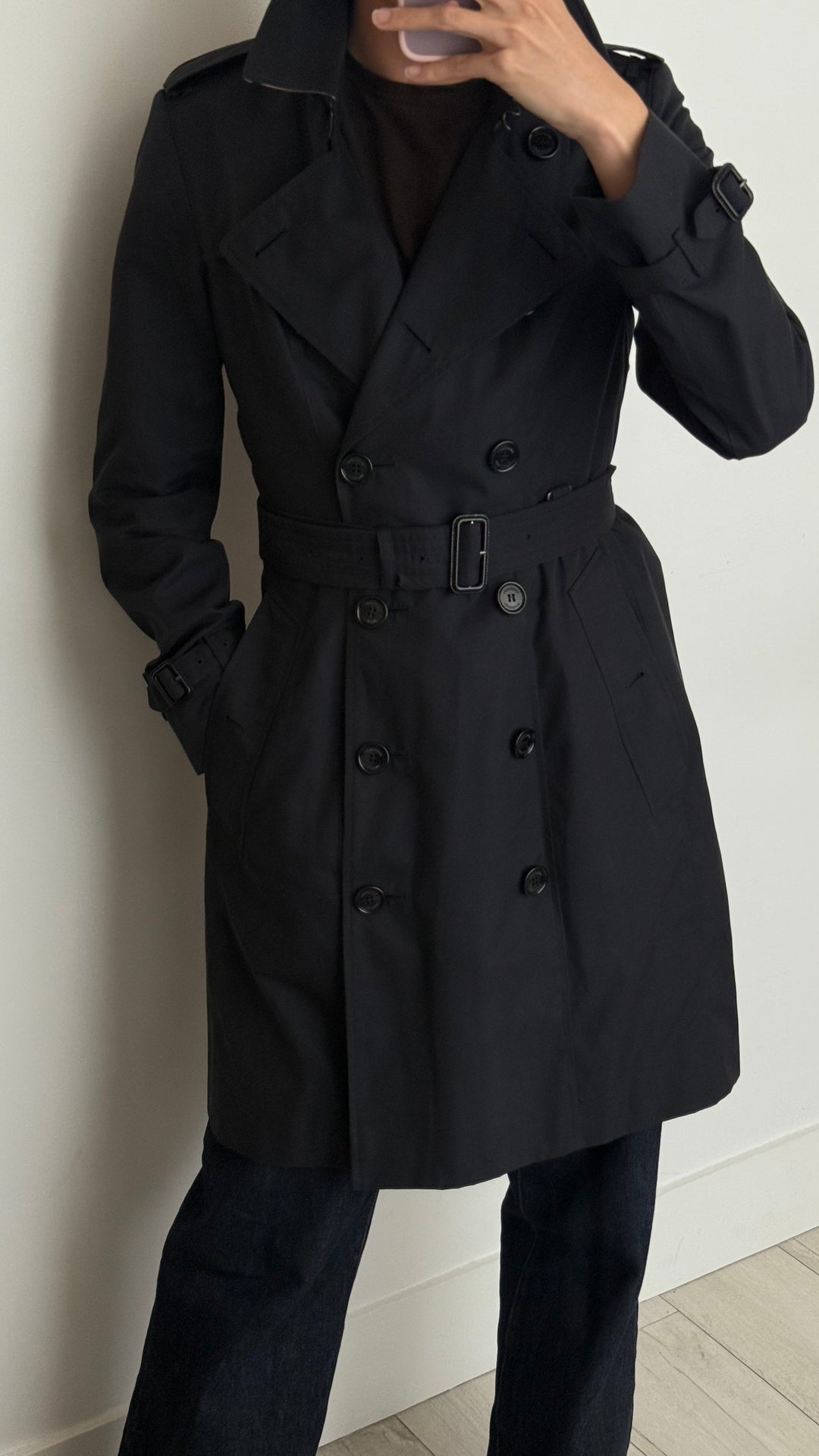 Burberry Black Cotton Belted Trench Coat Size 10