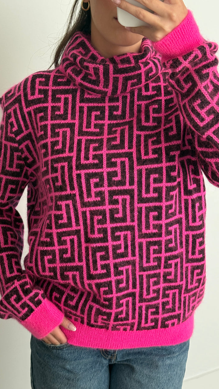 Balmain Pink Wool & Mohair Knit Geometric Turtleneck Sweater Size 36