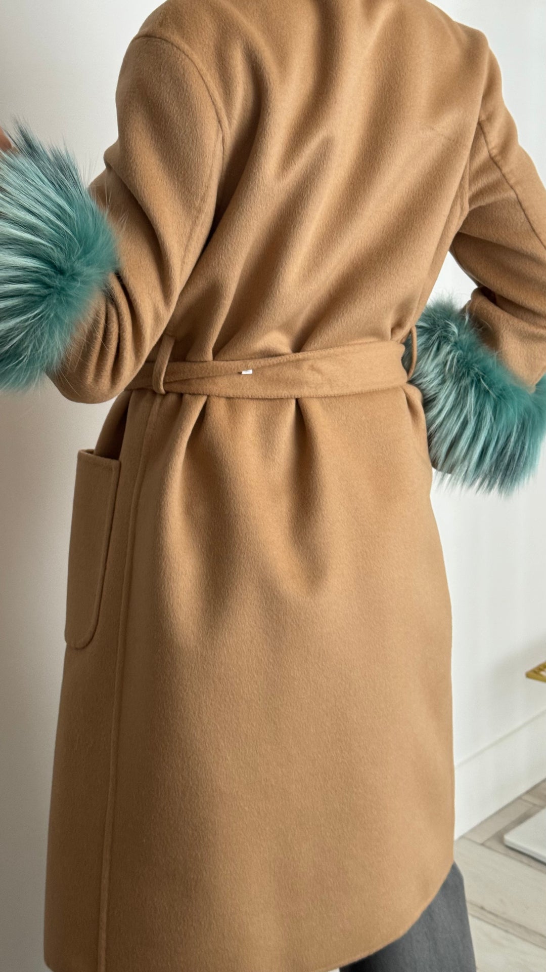 Prada Beige Virgin Wool & Angora Wrap Coat with Blue Fox Fur Size 36