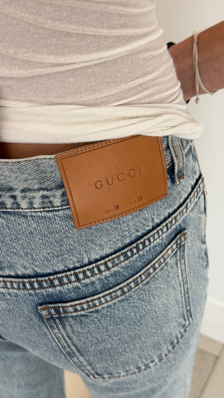 Gucci Light Wash Bootcut Jeans with Floral Patches Size 27