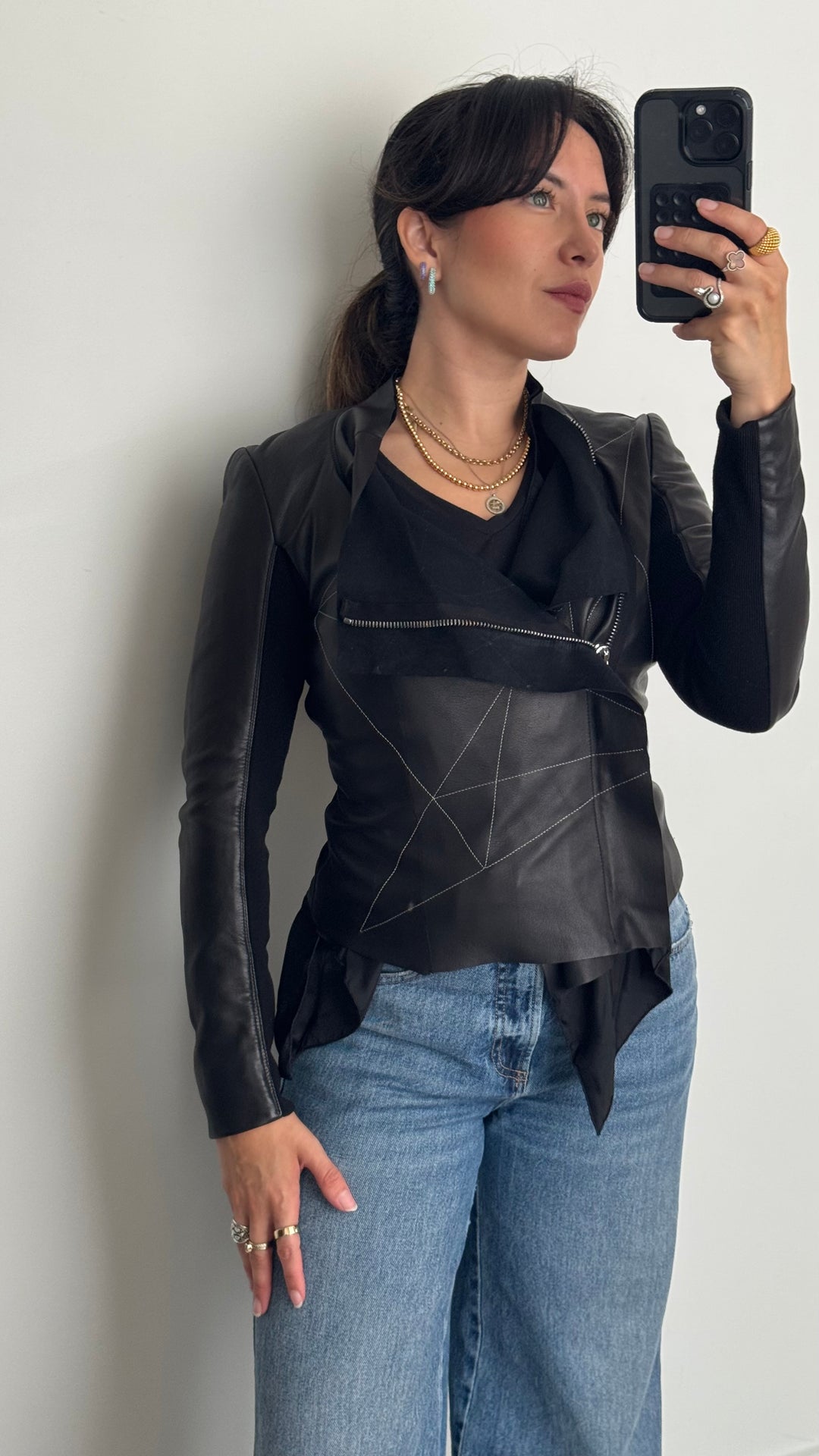 Rick Owens Black Leather Asymmetrical Zip Jacket with White Contrast Stitching Size 40