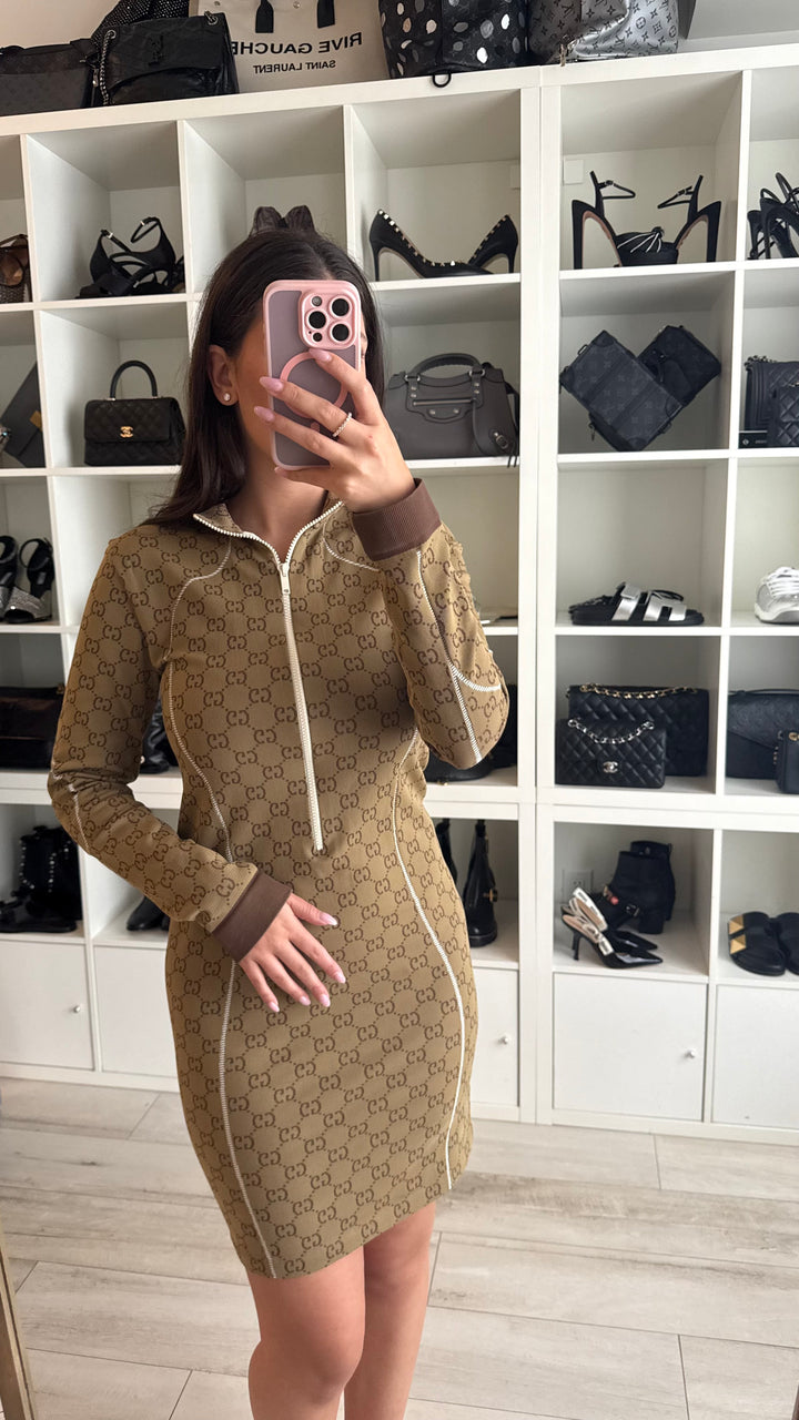 Gucci Beige GG Supreme Jersey Jacquard Dress Size L