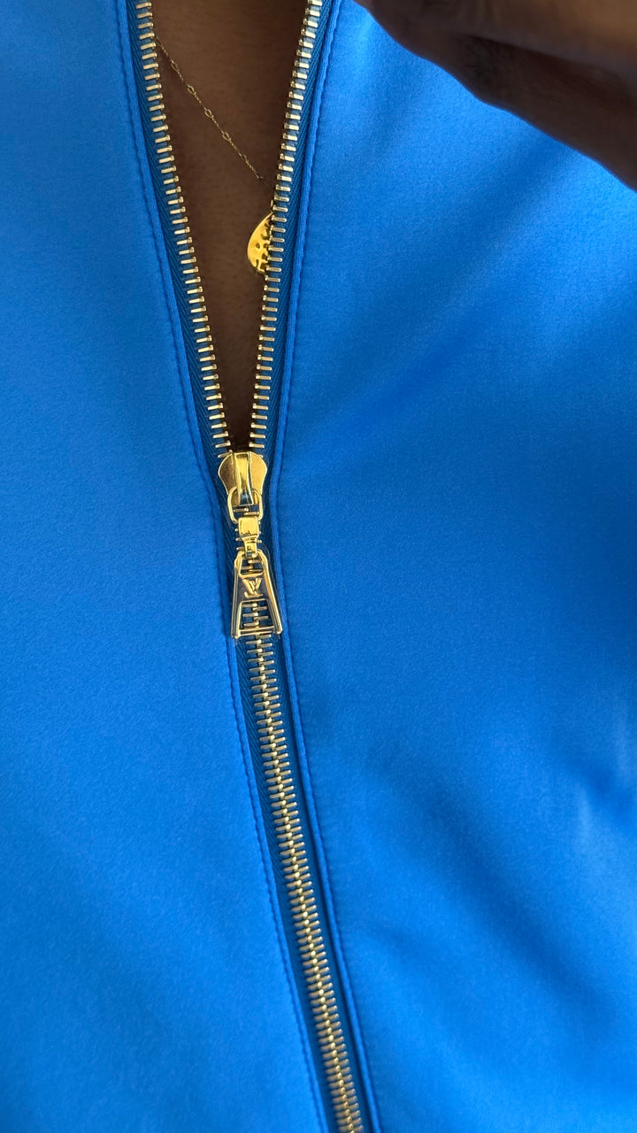 Louis Vuitton Blue Bomber Jacket with Ribbing, Gold-Tone Zippers and White Logo Detail Size 38