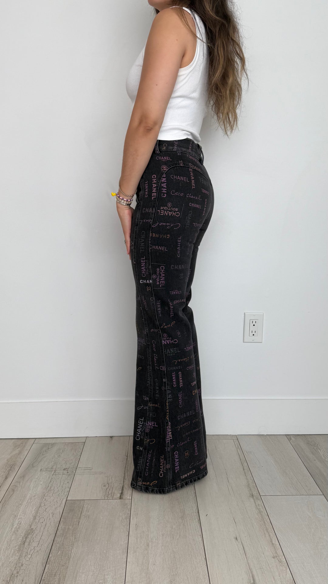 Pre-Loved Chanel™ Black Jeans with Multicolour Pink Logo Print Size 34