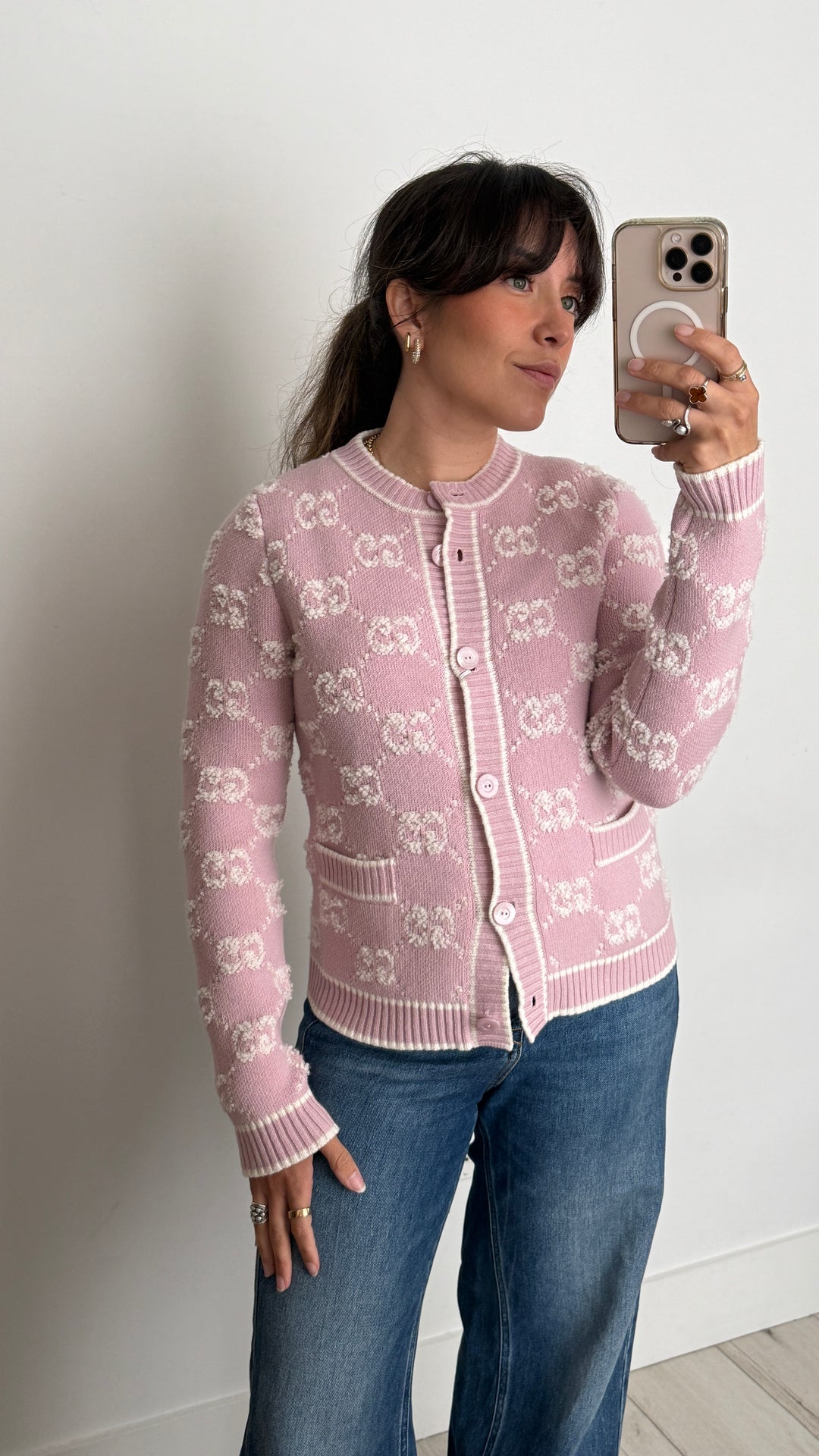 Gucci Pink Knit Wool Cardigan with White Monogram Size S
