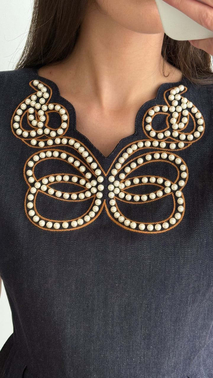 Fendi Blue Denim Faux Pearl Embellished Butterfly Dress Size 42