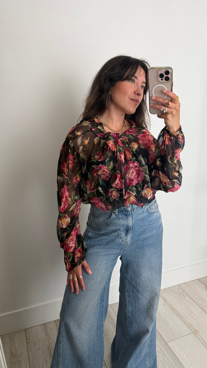 Dolce & Gabbana Black Silk Floral Print Blouse Size 46