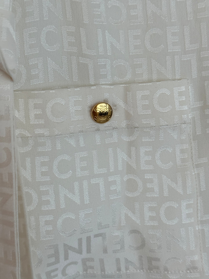 Celine White Monogram Silk Shirt with Gold Buttons and Tie Detail
