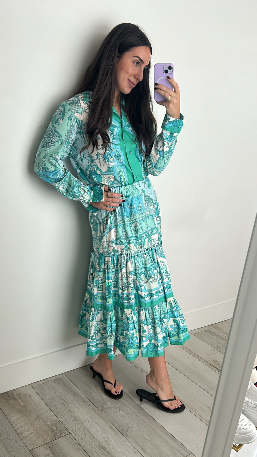 Etro Teal & Green Printed Button Up & Skirt Set