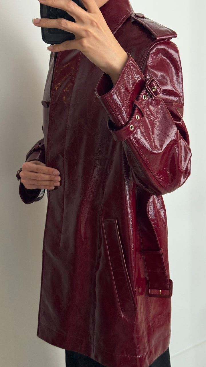Gucci Burgundy Patent Leather Belted Trench Coat Size 44