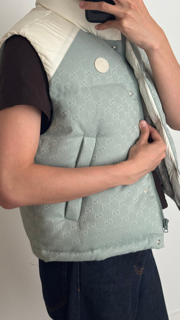 Gucci Light Blue GG & White Puffer Vest Size 38