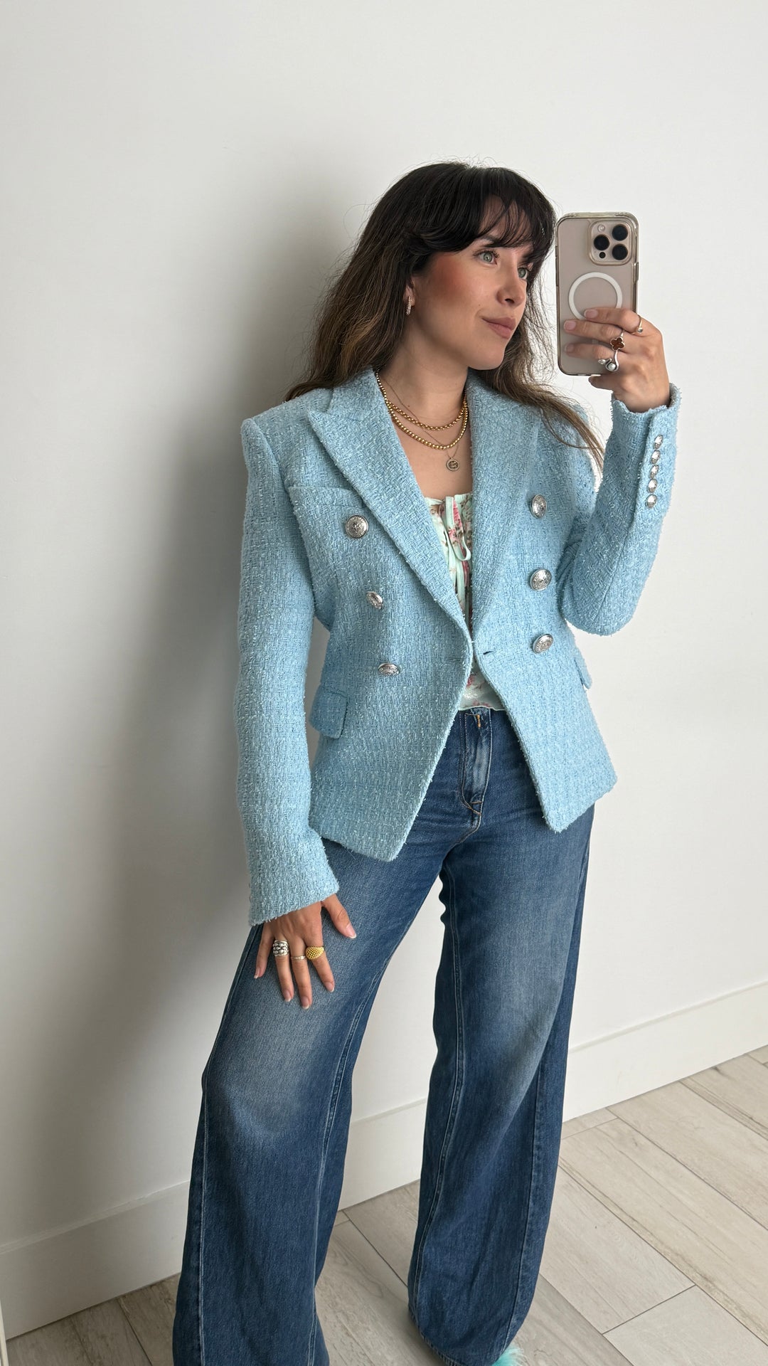 Balmain Baby Blue Tweed Peaked Lapel Blazer Size 44