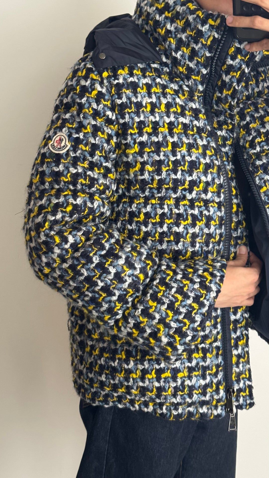 Moncler Blue & Yellow Wool-Cotton Blend Down Puffer Jacket Size 1