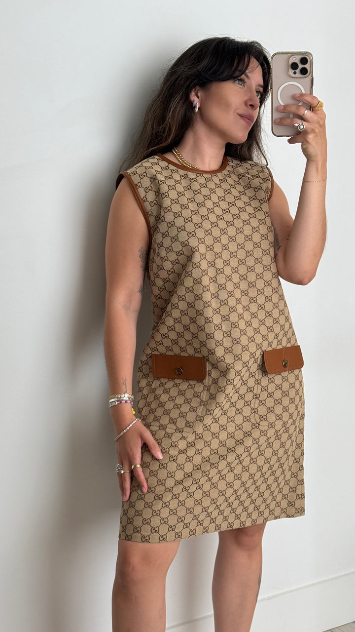 Gucci Brown & Beige GG Supreme Sleeveless Mini Dress Size 44