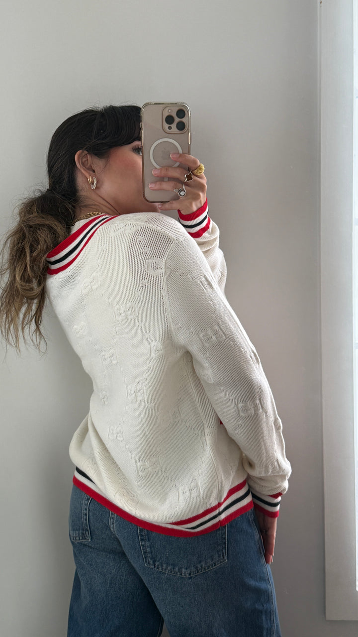 Gucci White Knit & Red Accent Cardigan Size M
