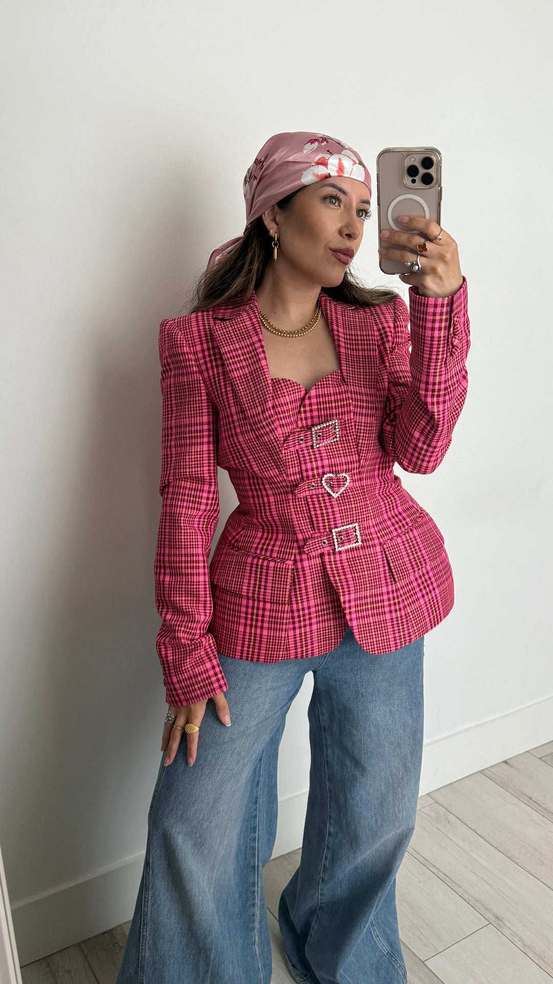 Area Pink Plaid Virgin Wool Blend Crystal Buckle Hourglass Blazer Size 6