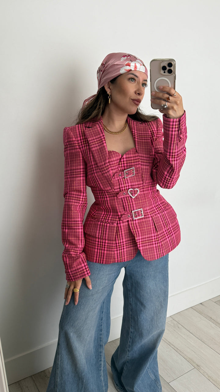 Area Pink Plaid Virgin Wool Blend Crystal Buckle Hourglass Blazer Size 6