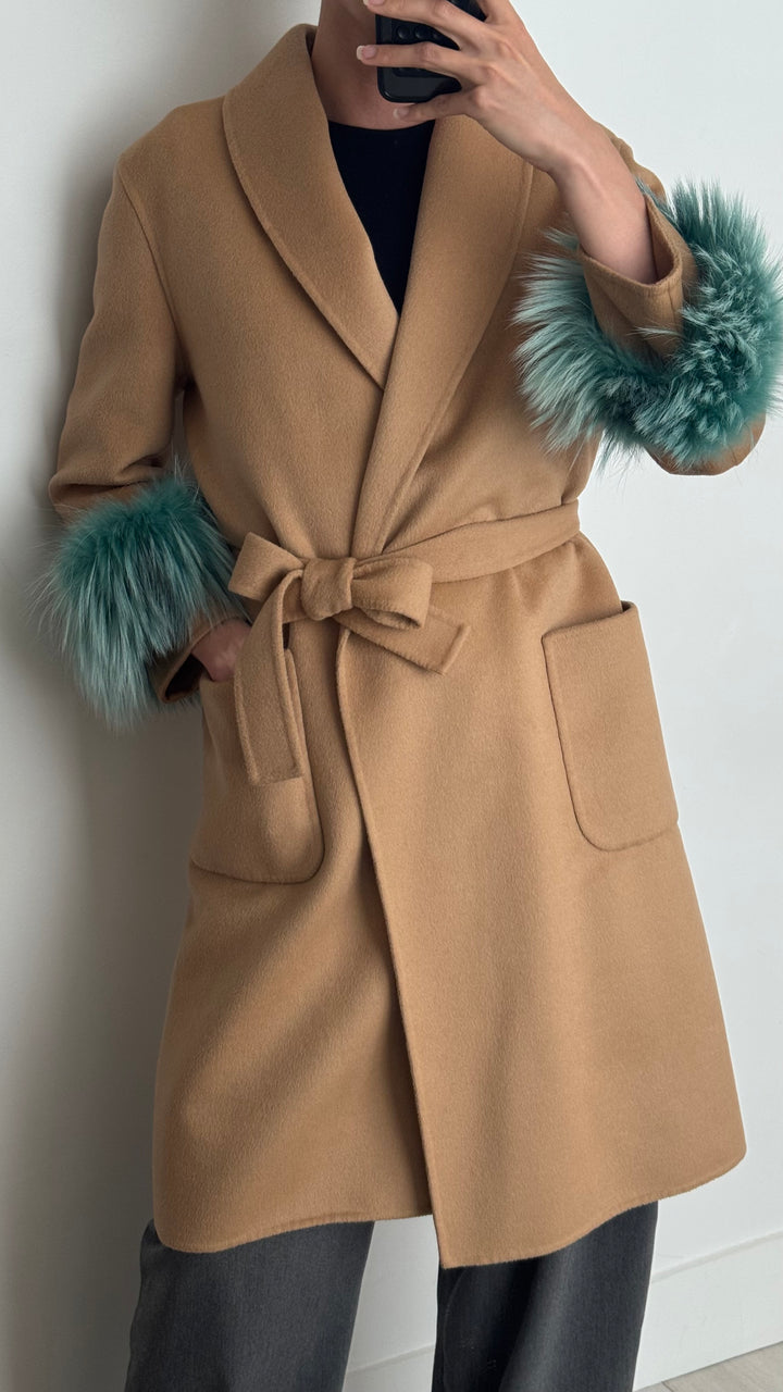 Prada Beige Virgin Wool & Angora Wrap Coat with Blue Fox Fur Size 36