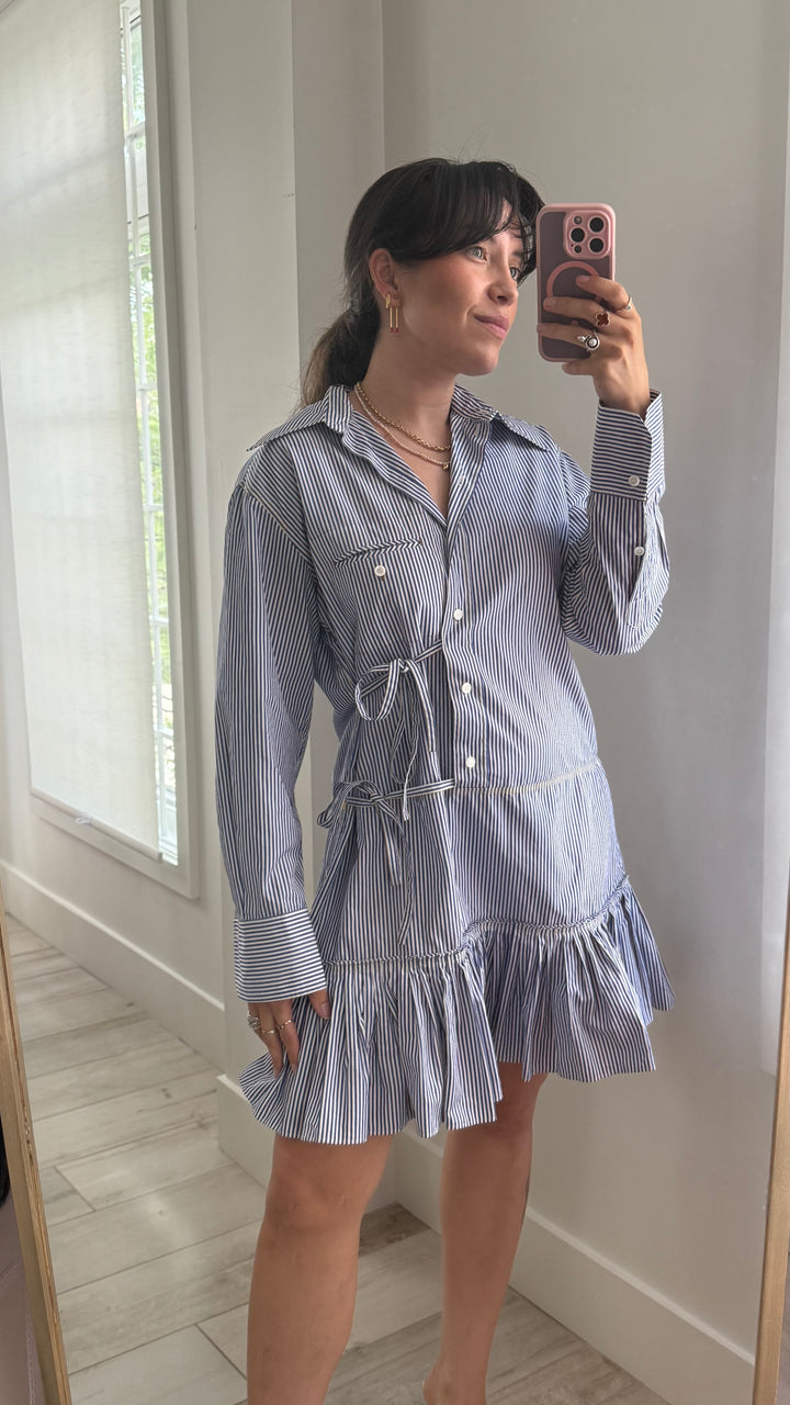 Chloé White and Blue Cotton Striped Shirt Dress with Ruffled Hem Size 36