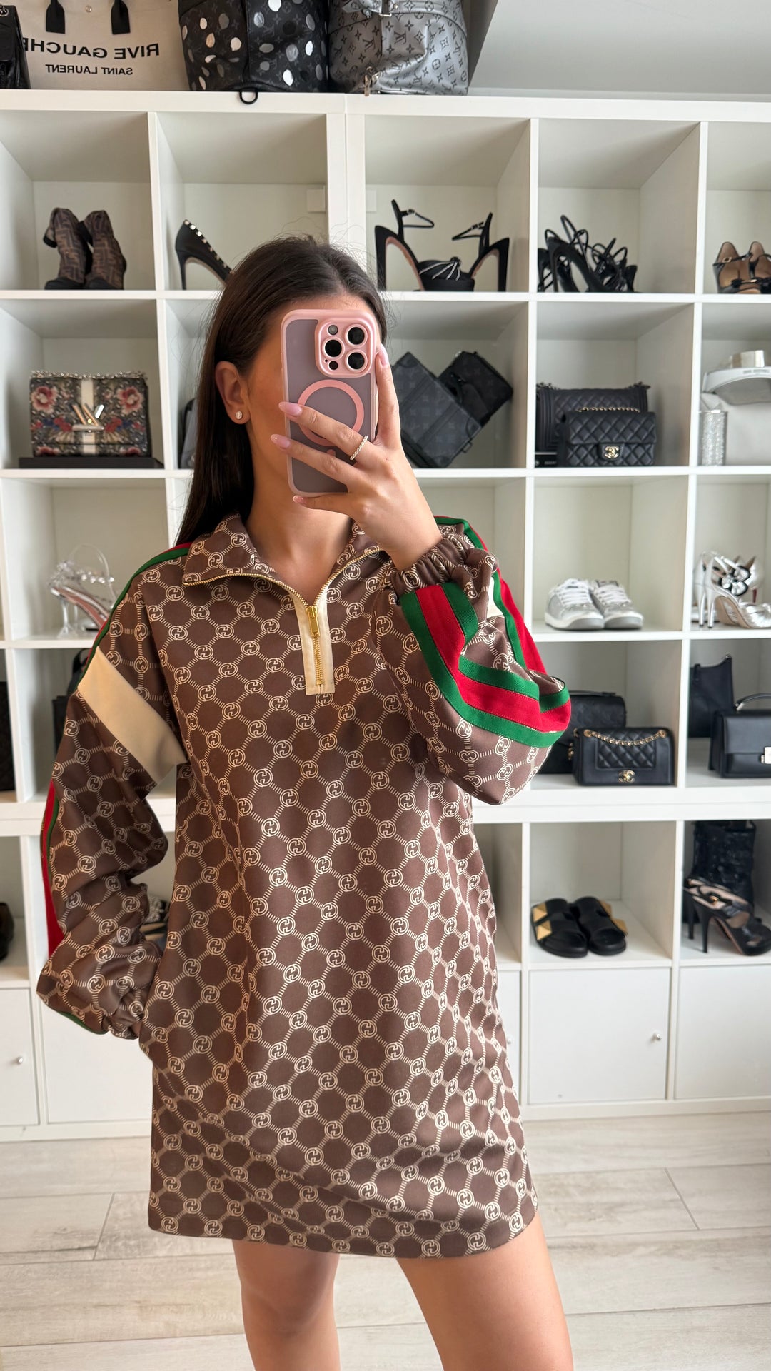 Gucci Brown GG Supreme Technical Fabric Monogram Printed Dress Size S