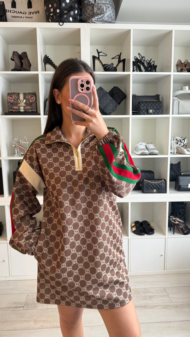 Gucci Brown GG Supreme Technical Fabric Monogram Printed Dress Size S