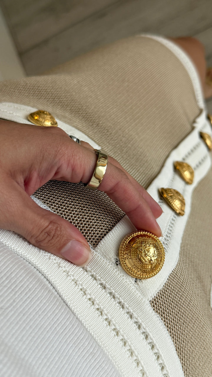 Balmain Beige and White Knit Skirt with Gold Button Details Size 42