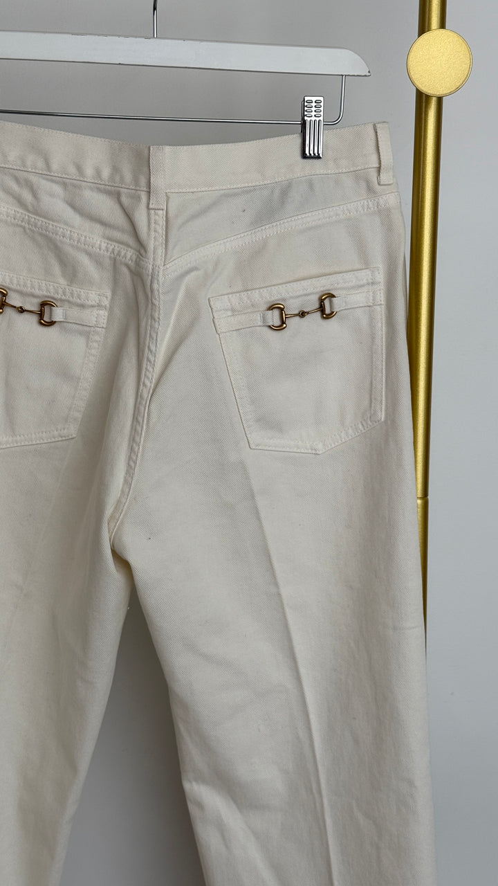 Gucci White Straight-Cut Jeans with Gold Horsebit Detail Size 31