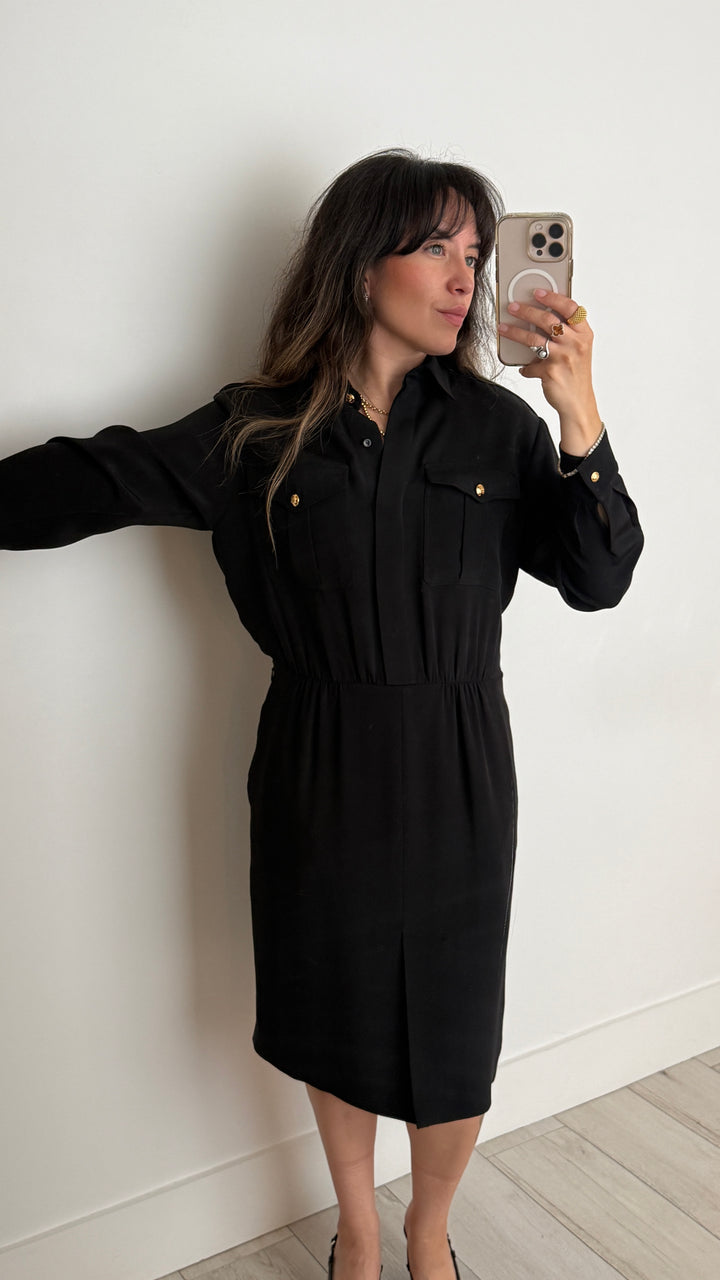 Celine Black Silk Dress with Gold-Tone Buttons Size 38