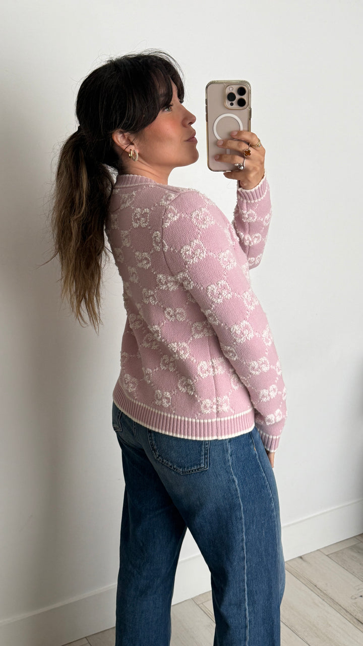 Gucci Pink Knit Wool Cardigan with White Monogram Size S