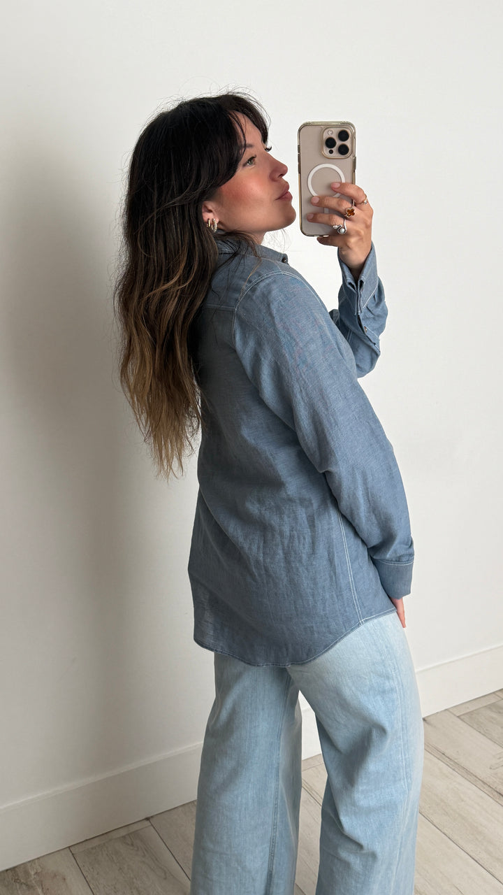 Loewe Blue Linen Blend Shirt with White Stitching Detail Size 36
