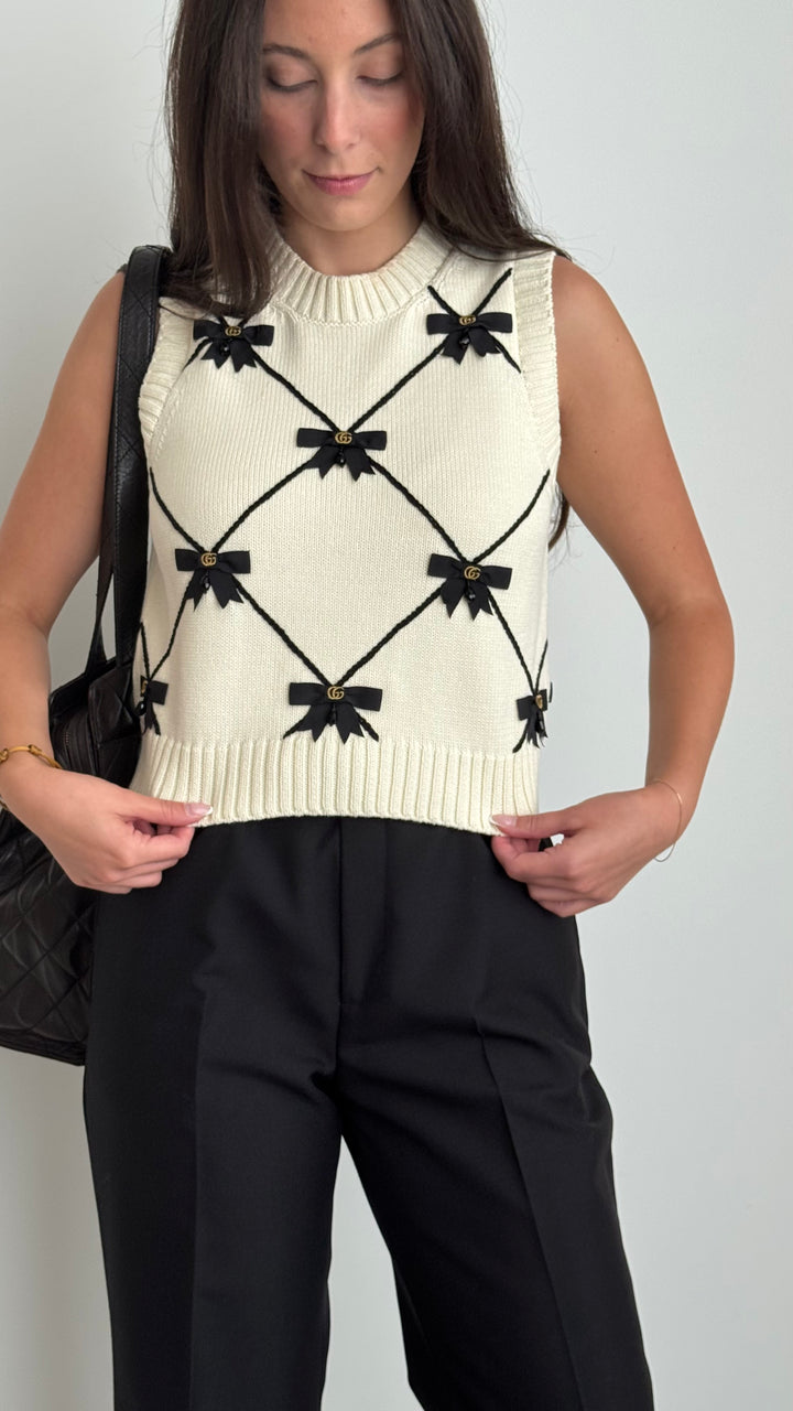 Gucci White Cotton Knit Bee Motif Tank Top Size S