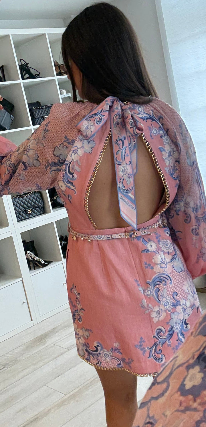Zimmerman Pink and Blue Printed Dress with Gold Chain Detail Size 3