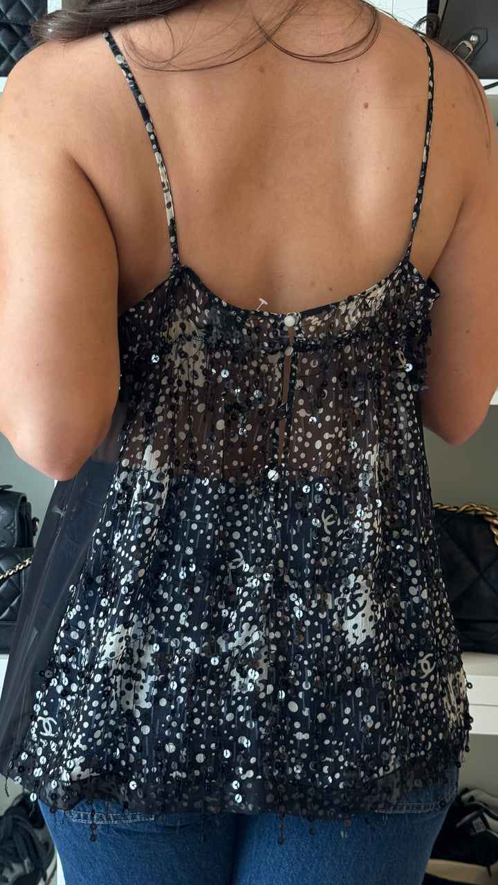 Pre-Loved Chanel™ Sheer Black & White Camisole with Sequin & Logo Details Size 42