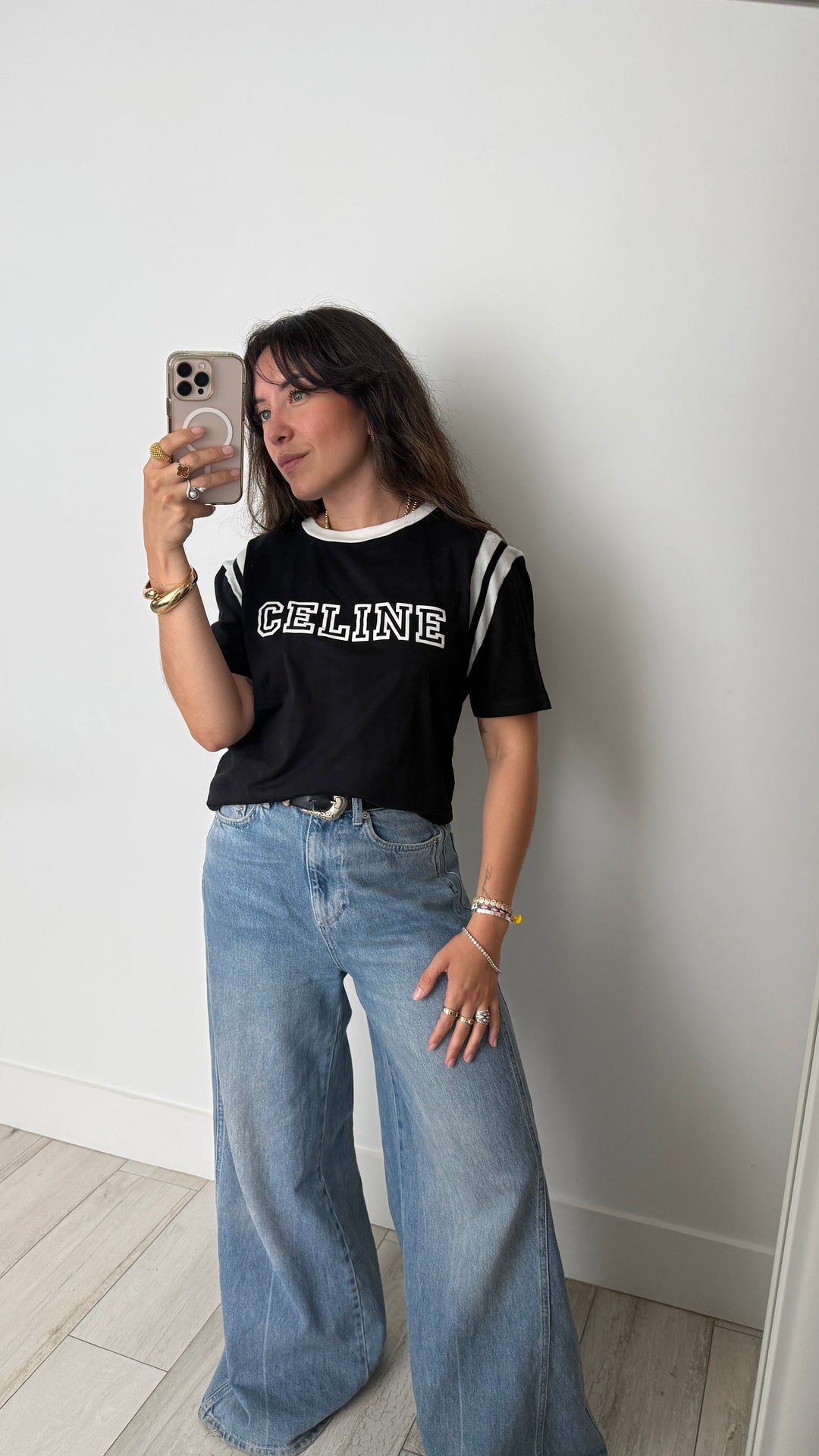 Celine Black Cotton Logo T-shirt with White Trim Size S