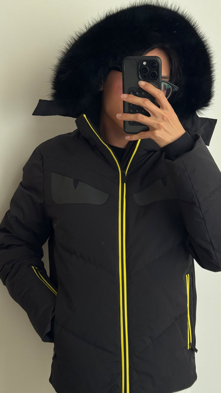 Fendi Black Quilted Monster Eyes Jacket with Neon Piping and Fur Trimmed Hood Size 48