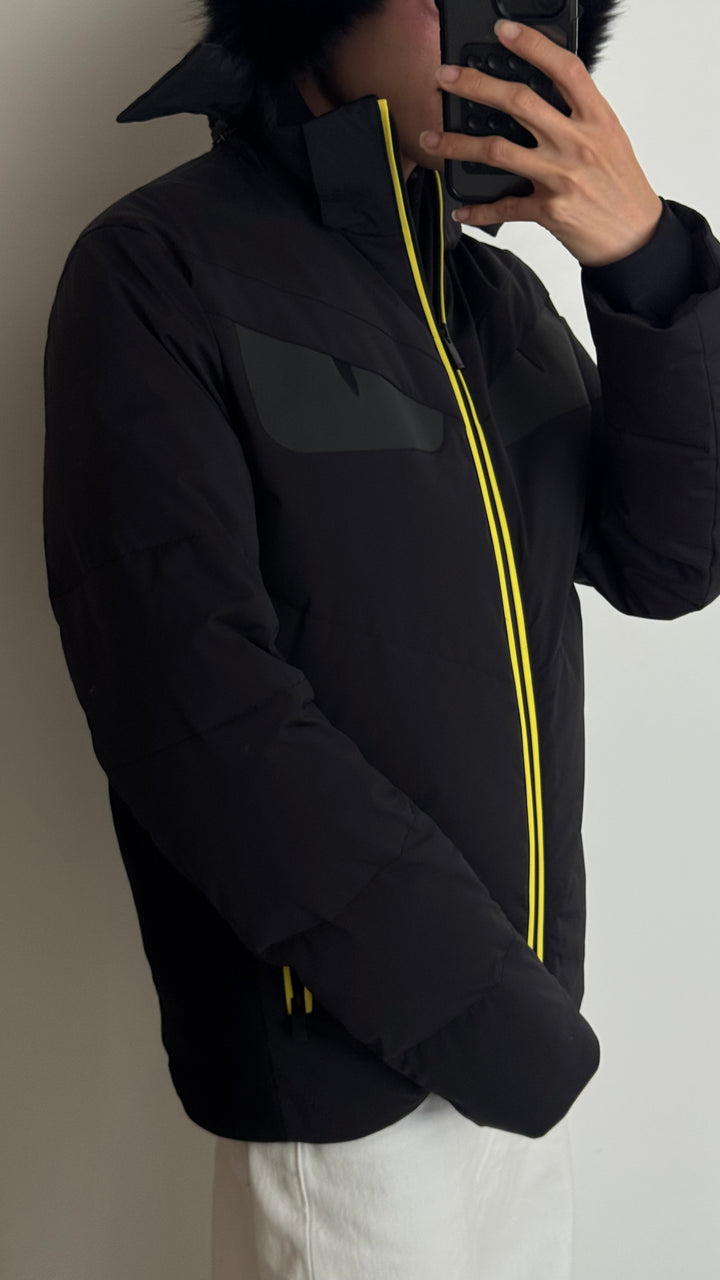 Fendi Black Quilted Monster Eyes Jacket with Neon Piping and Fur Trimmed Hood Size 48