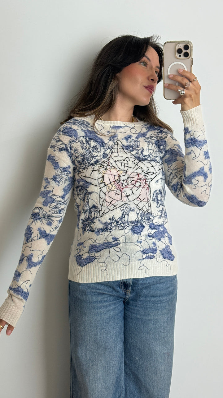 Dior Cream Knit Cashmere Sweater with Blue and Pink Stitching Details Size 34