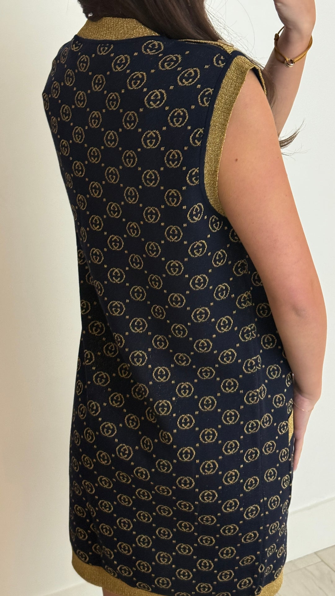 Gucci Navy & Gold Wool Blend Interlocking G Sleeveless Dress Size L