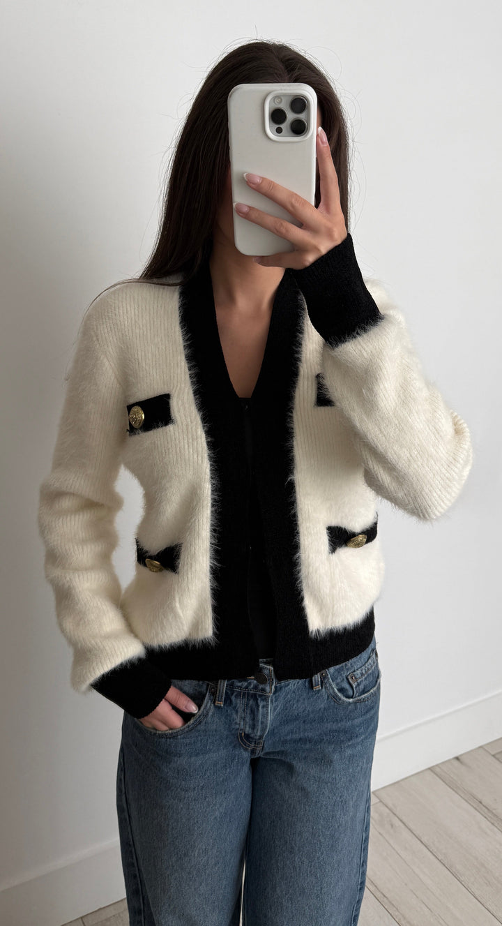 Balmain White & Black Knit Cardigan
