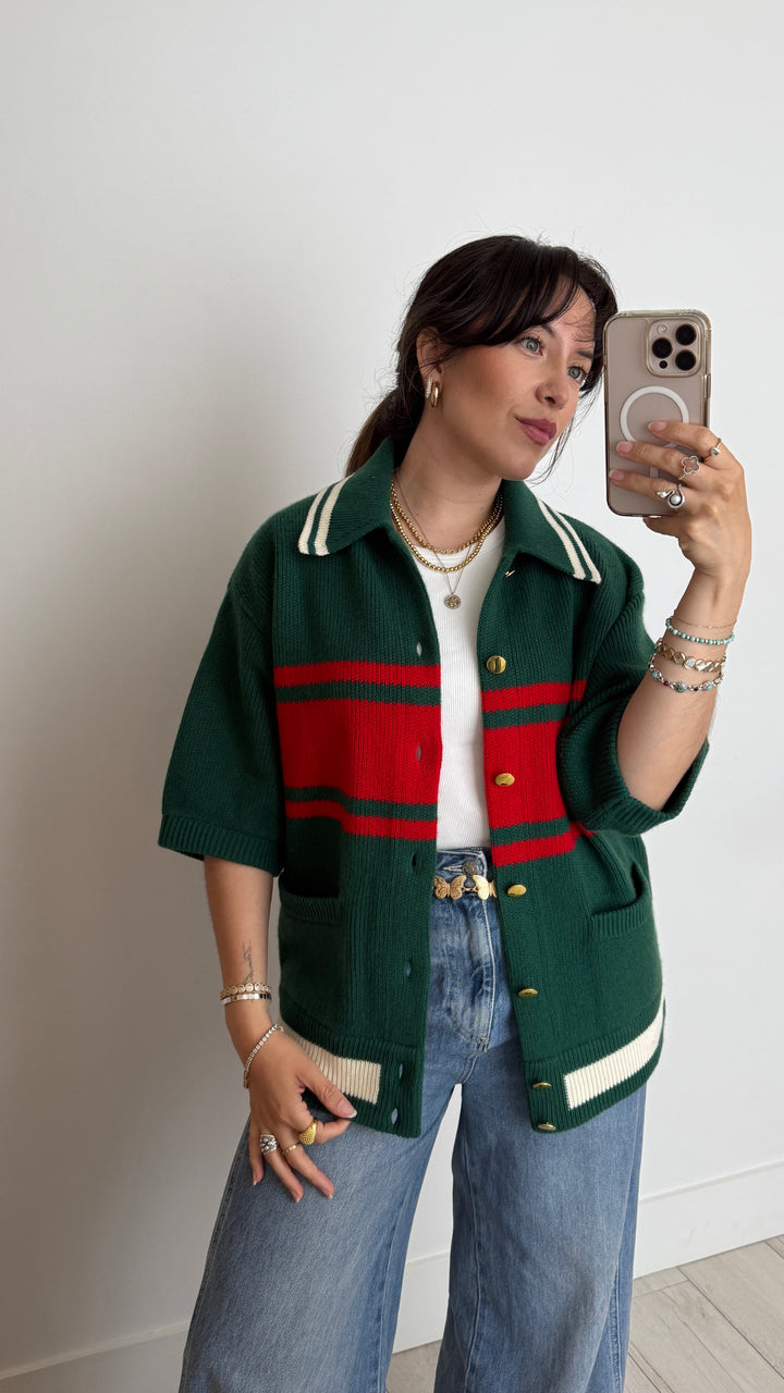 Gucci Green & Red Wool/Cashmere Knit Short Sleeve Button Up Size M