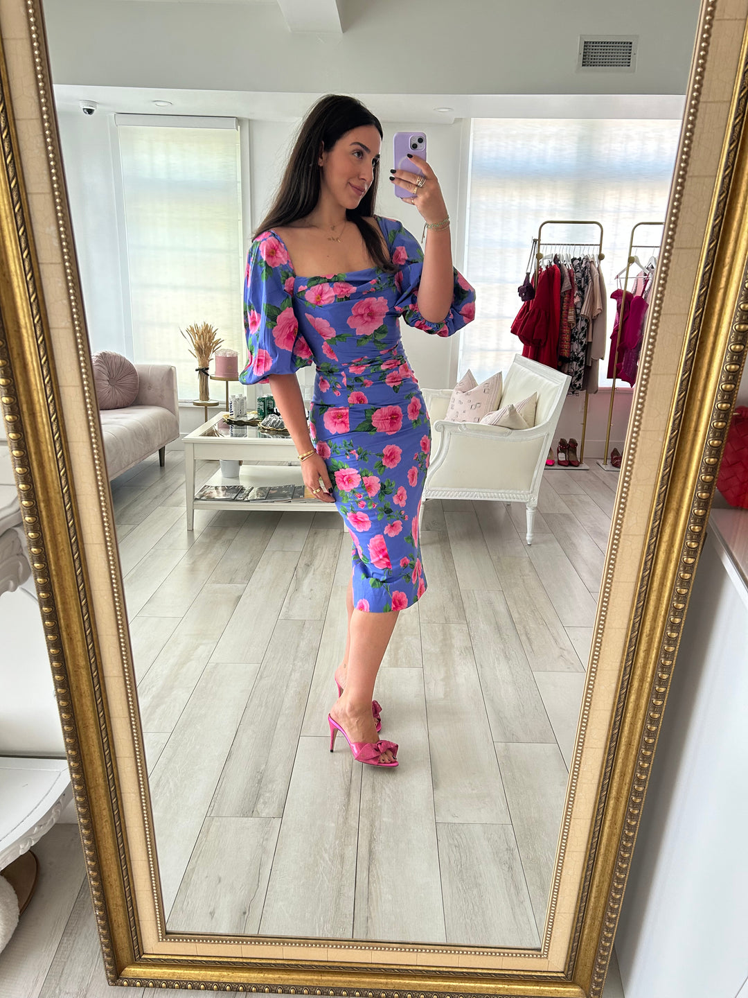 Carolina Herrera Purple & Pink Floral Print Ruched Midi Dress Size 6