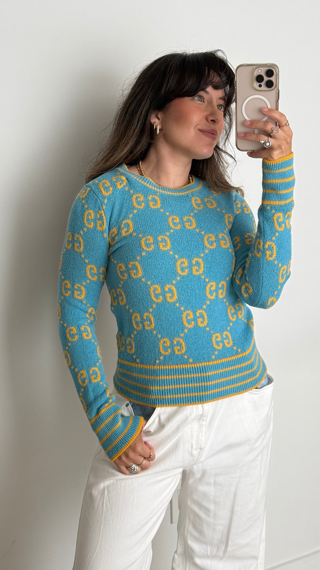Gucci Cotton Blend Blue Knit Sweater with Yellow Monogram Size XS