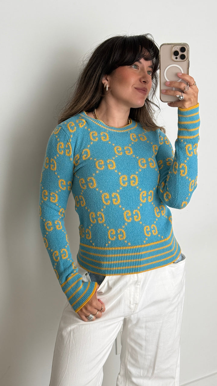 Gucci Cotton Blend Blue Knit Sweater with Yellow Monogram Size XS