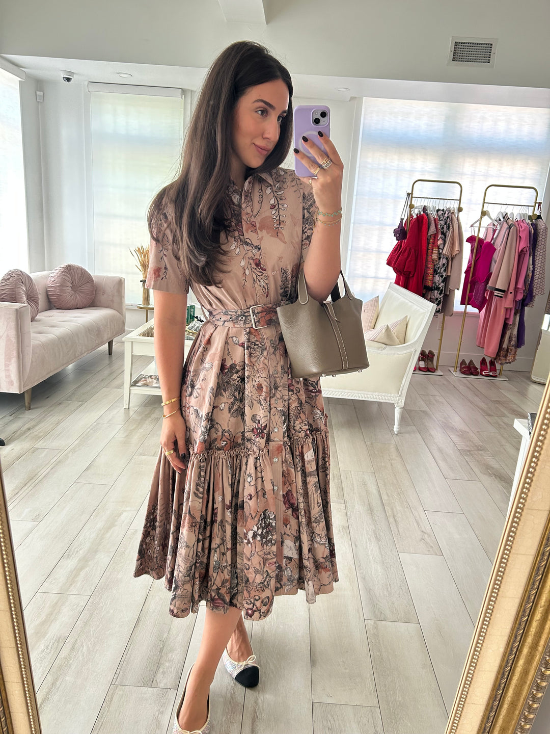 Dior Dusty Rose Cotton Printed Shirt Dress with Belt Size 38