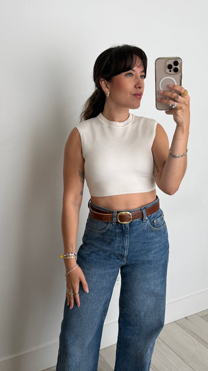 Hermes White Knit Sleeveless Crop Top Size 36