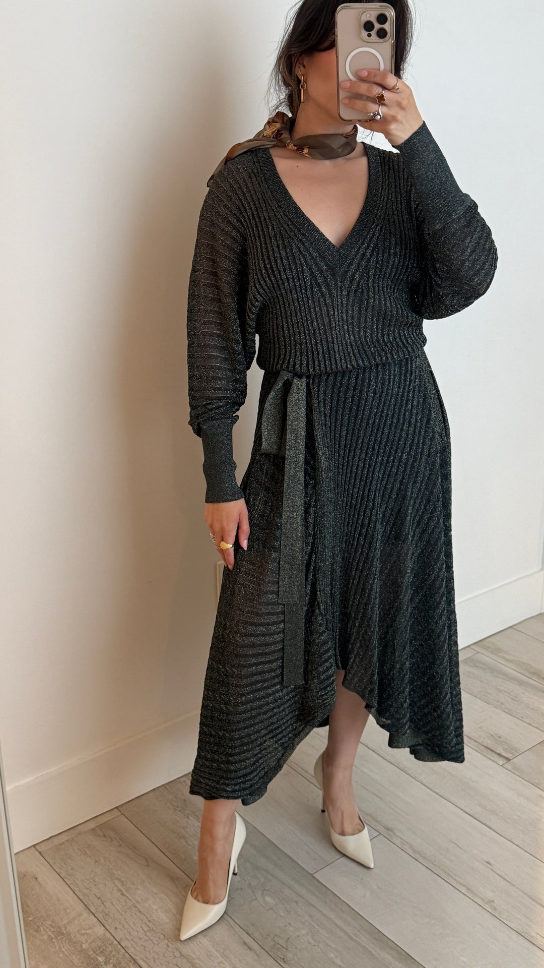 Chloe Green Sparkling Gold Knit Belted Dress Size XS